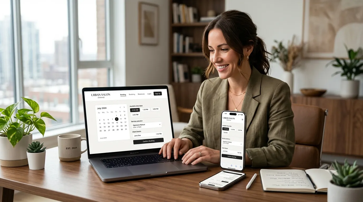 A business owner using a laptop and smartphone to manage online appointments, review available booking slots, and organise customer reservations in a modern professional workspace.