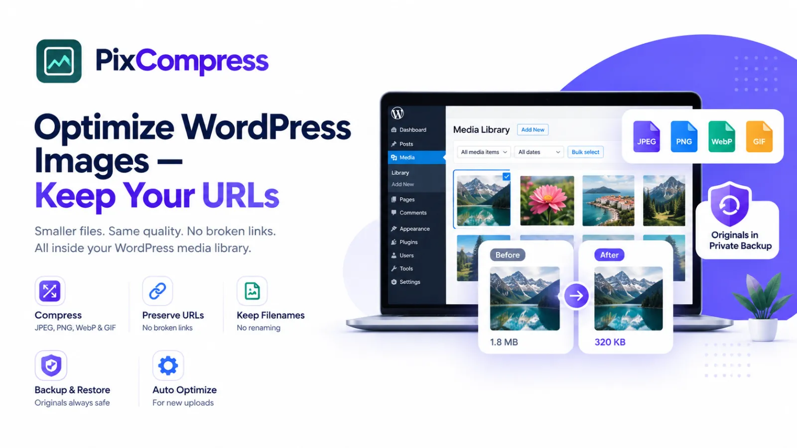 PixCompress WordPress image optimization plugin featuring image compression, before-and-after file size comparison, JPEG, PNG, WebP and GIF support, URL and filename preservation, bulk optimization, and original image backup and restore. Optimize WordPress media and improve website performance with PixCompress.