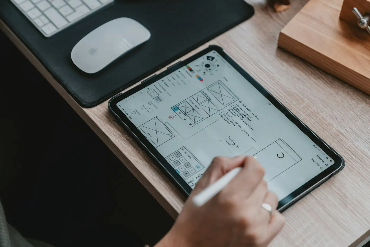 Designer planning a responsive interface on a tablet